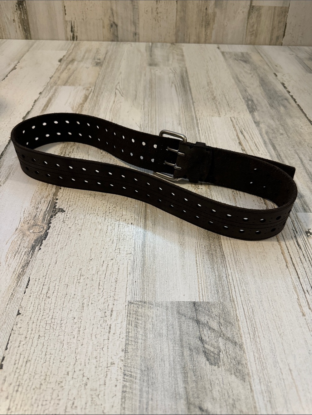 Vintage Leather Gray Two Hole Silvertone Double Prong Buckle Sizable Belt L 41” - Picture 14 of 14